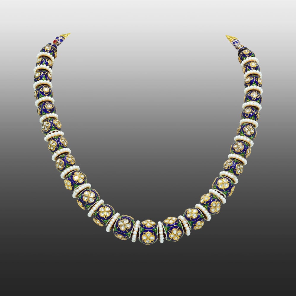 Gold Beads Necklace with Blue-Green Meenakari, Polki, and Pearls
